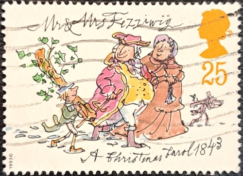 The 25p. stamp depicts "A Christmas Carol" 1843. Mr.and Mrs. Fezziwig.